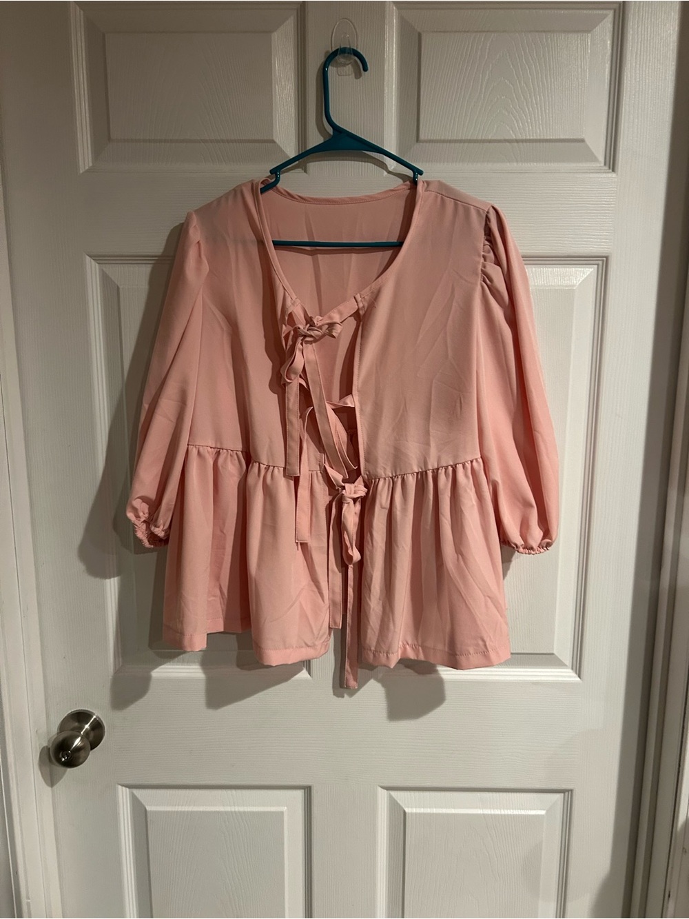 SHEIN Light Pink Tie-Front Peplum Blouse